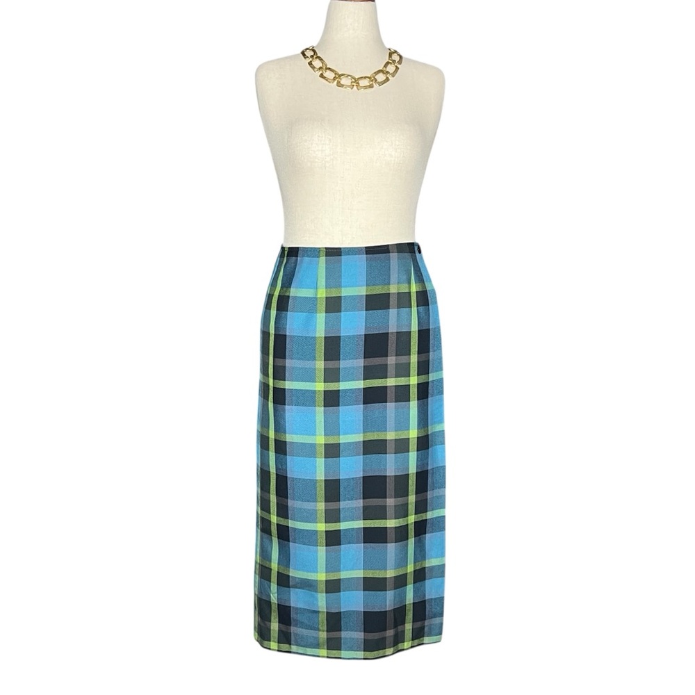 CATO Tartan Green/Blue Plaid Midi Wrap Skirt Academia Classic Office SZ:10